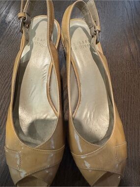 Stuart Weitzman Tan Patent Leather Slingback Peep-Toe Flats